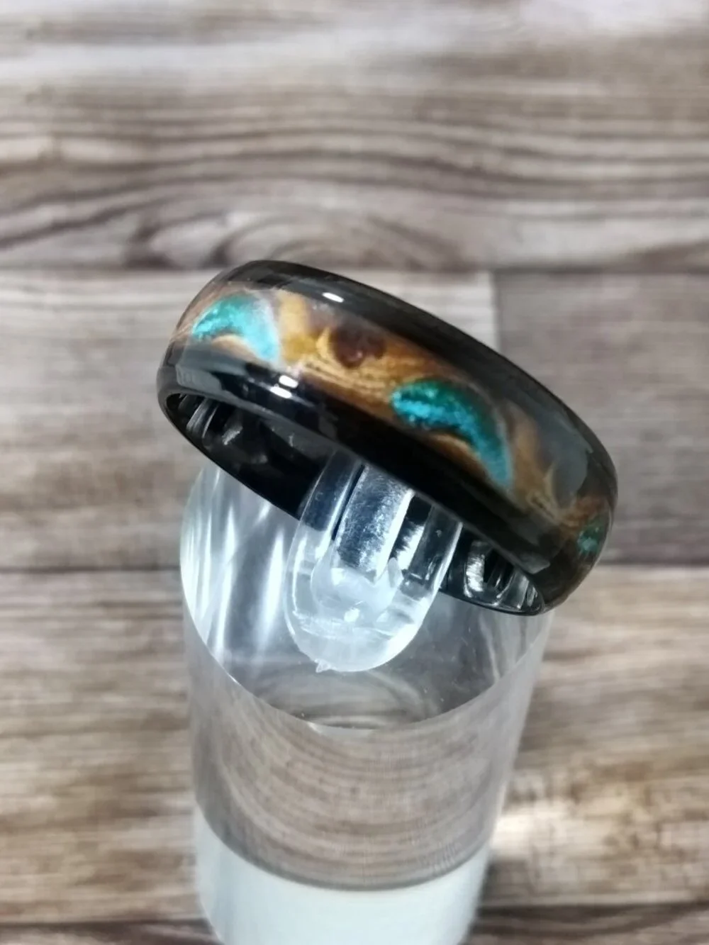 Size 9 Black Stainless-Steel Ring • Sand & Feathered Teal Inlay • Unisex Band